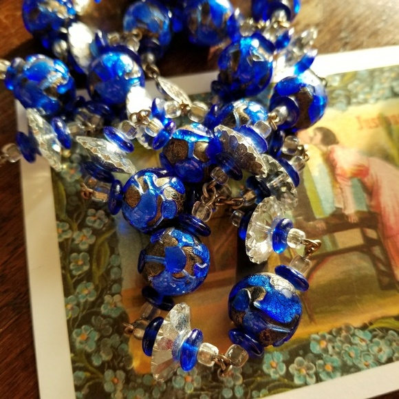 Relisted - long Chunky Art Glass necklace blue silver flapper - Picture 2 of 7
